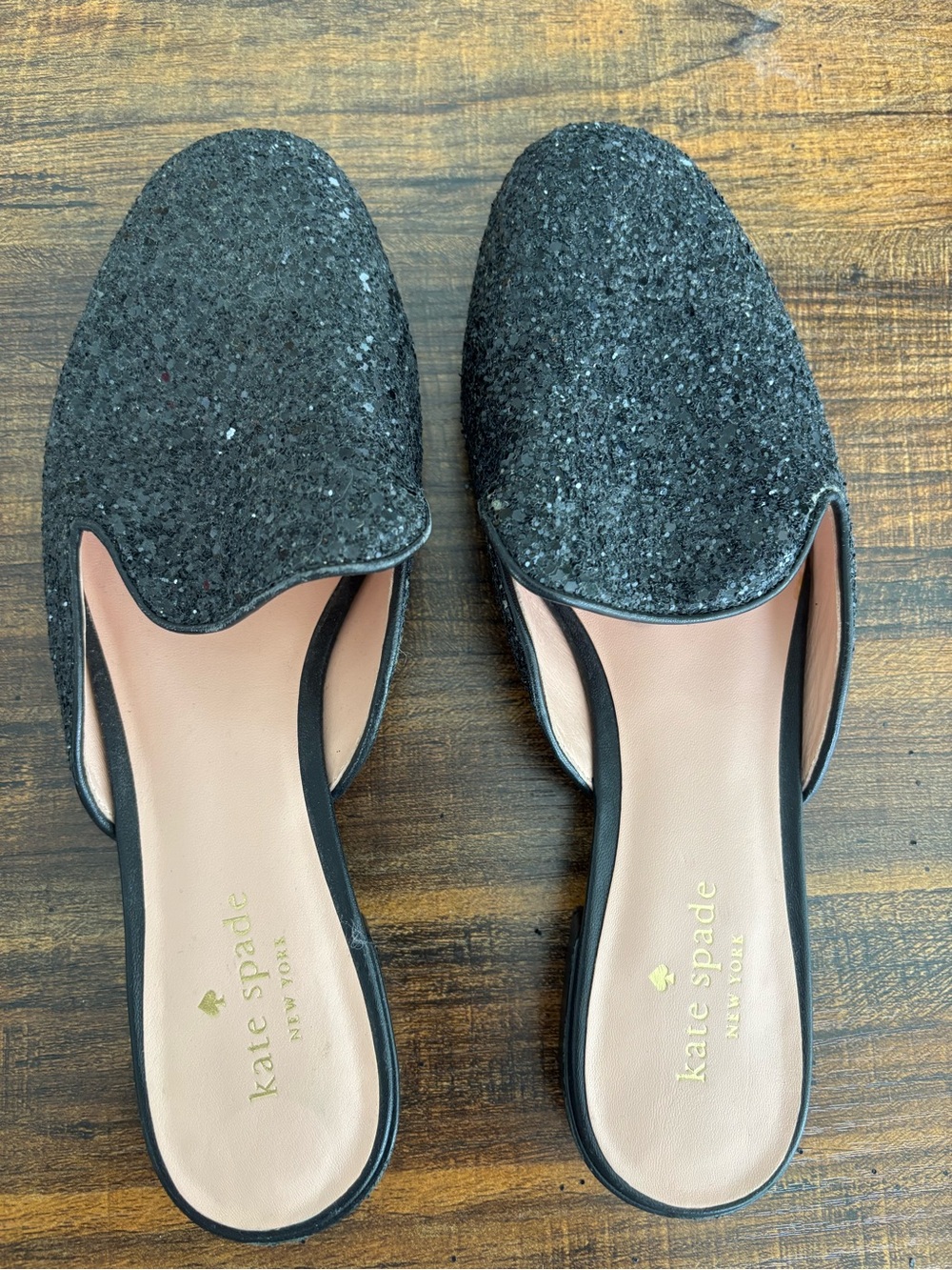 kate spade Black Glitter Mule Slides